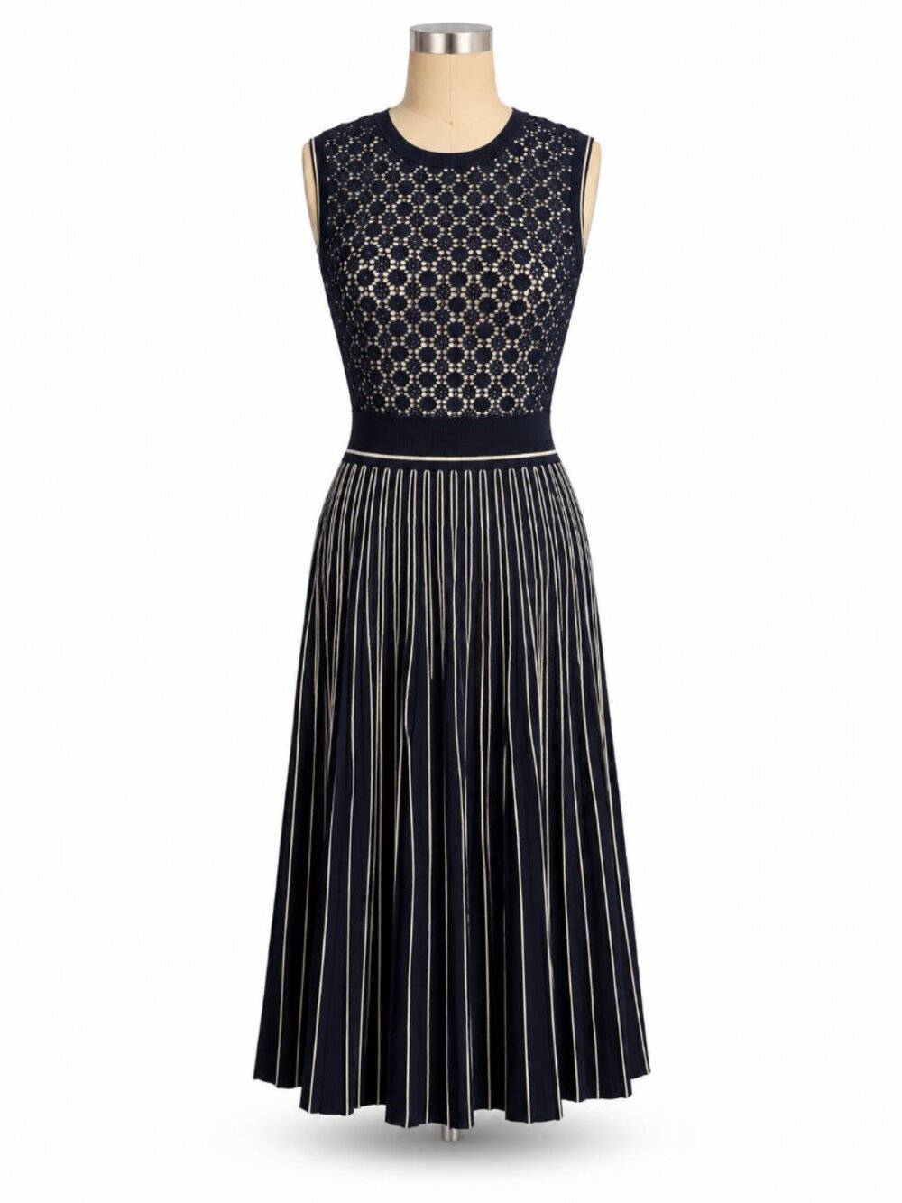 Tory Burch Navy Openwork Knit Dress with Pleated Skirt - S